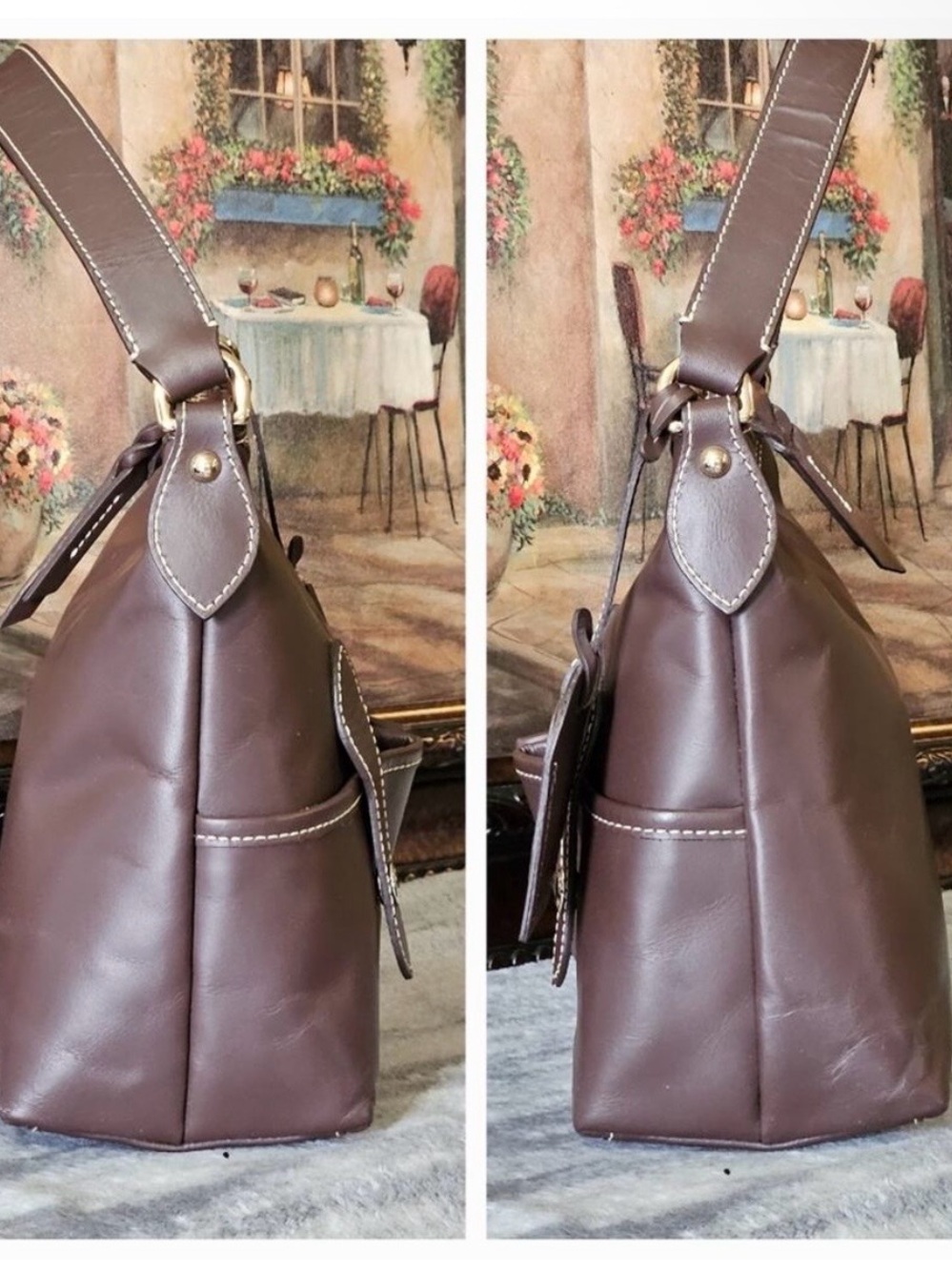 Classic Brown Leather Tote Handbag with Front Pockets - Picture 6 of 9